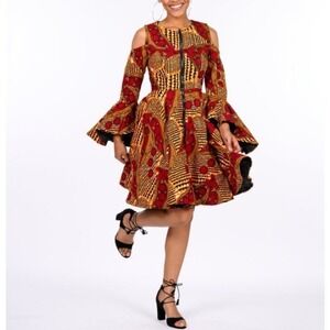 Ray Darten AYOOLA African Print JACKET FLARE Dress Bell Sleeve NIGERIA SMALL ZIP